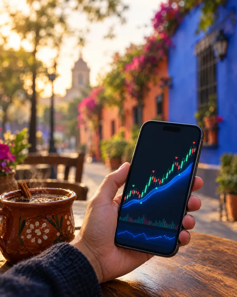 Celular con un gráfico de velas y el indicador de la estrategia